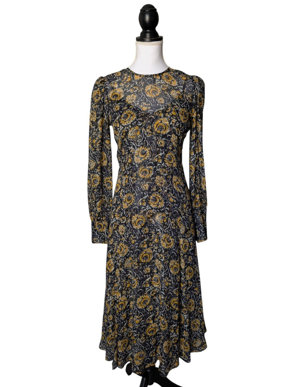 Veronica Beard Navy Blue Yellow Paisley Floral Silk Blend Midi Dress Sz 2 Sheer